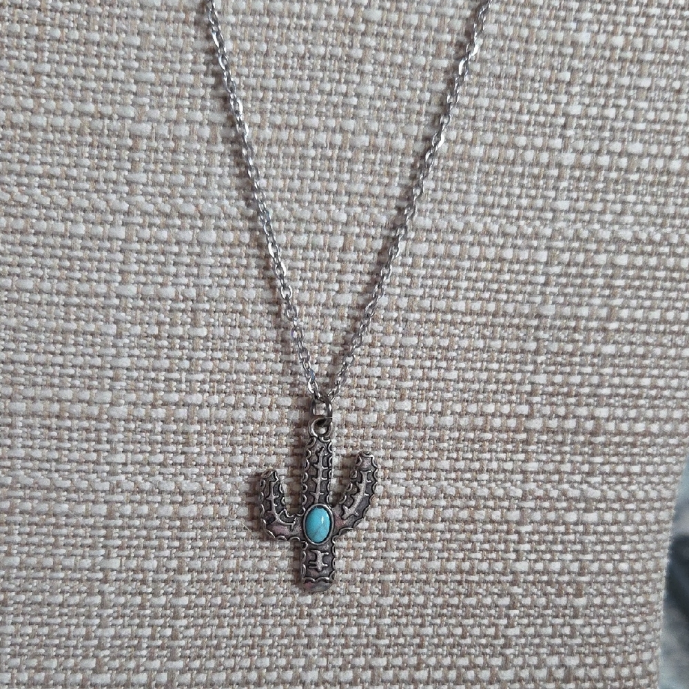 Turquoise Accent Silver Cactus Necklace